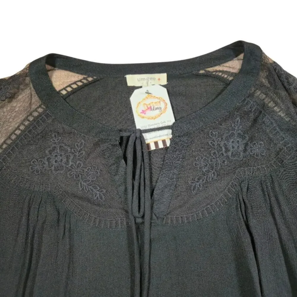Umgee NWT Womens Lace Peasant Top Size XL Black Embroidered Bohemian Whimsigoth - Picture 5 of 9
